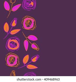  Vertical seamless pattern of floral motif, doodles, stylized rosy, leaves, spirals, branches, bud,  copy space. Hand drawn.