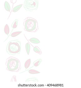  Vertical seamless pattern of floral motif, doodles, stylized rosy, leaves, spirals, branches, bud,  copy space. Hand drawn.