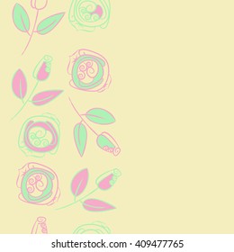  Vertical seamless pattern of floral motif, doodles, stylized rosy, leaves, spirals, branches, bud,  copy space. Hand drawn.