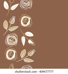  Vertical seamless pattern of floral motif, doodles, stylized rosy, leaves, spirals, branches, bud,  copy space. Hand drawn.
