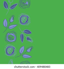 Vertical seamless pattern of floral motif, doodles, stylized rosy, leaves, spirals, branches, bud,  copy space. Hand drawn.