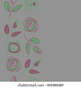 Vertical seamless pattern of floral motif, doodles, stylized rosy, leaves, spirals, branches, bud,  copy space. Hand drawn.