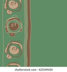 Vertical seamless  pattern of floral motif, stylized rosy, spirals, leaves,stripes, spots, hole, copy space. Hand drawn.