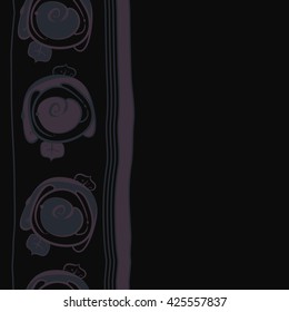 Vertical seamless  pattern of floral motif, stylized rosy, spirals, leaves,stripes, spots, hole, copy space. Hand drawn.