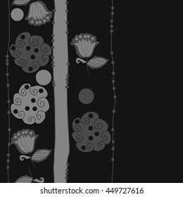 Vertical seamless pattern of floral motifs, doodles,  object,leaves, flowers, spirals, ellipses, bell, stripes, spot, copy space. Hand drawn.
