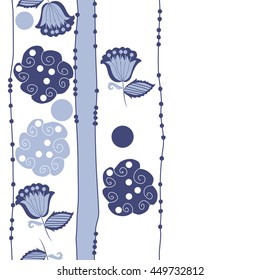Vertical seamless pattern of floral motifs, doodles,  object,leaves, flowers, spirals, ellipses, bell, stripes, spot, copy space. Hand drawn.