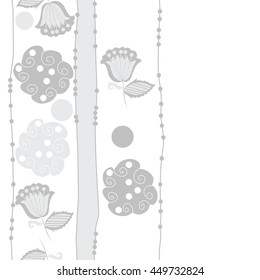 Vertical seamless pattern of floral motifs, doodles,  object,leaves, flowers, spirals, ellipses, bell, stripes, spot, copy space. Hand drawn.