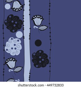 Vertical seamless pattern of floral motifs, doodles,  object,leaves, flowers, spirals, ellipses, bell, stripes, spot, copy space. Hand drawn.