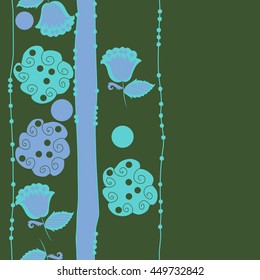 Vertical seamless pattern of floral motifs, doodles,  object,leaves, flowers, spirals, ellipses, bell, stripes, spot, copy space. Hand drawn.