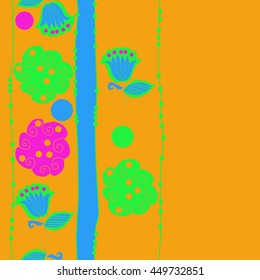 Vertical seamless pattern of floral motifs, doodles,  object,leaves, flowers, spirals, ellipses, bell, stripes, spot, copy space. Hand drawn.