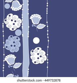 Vertical seamless pattern of floral motifs, doodles,  object,leaves, flowers, spirals, ellipses, bell, stripes, spot, copy space. Hand drawn.