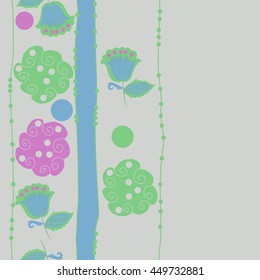 Vertical seamless pattern of floral motifs, doodles,  object,leaves, flowers, spirals, ellipses, bell, stripes, spot, copy space. Hand drawn.