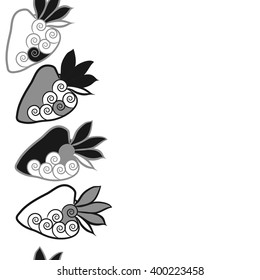Vertical seamless  pattern of floral motif,strawberry, object,leaves, spirals,fruit, copy space. Hand drawn.