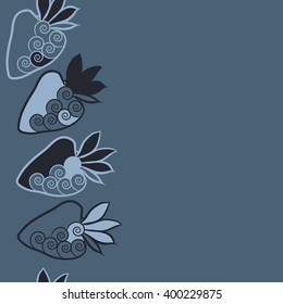Vertical seamless  pattern of floral motif,strawberry, object,leaves, spirals,fruit, copy space. Hand drawn.