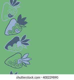 Vertical seamless  pattern of floral motif,strawberry, object,leaves, spirals,fruit, copy space. Hand drawn.
