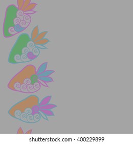 Vertical seamless  pattern of floral motif,strawberry, object,leaves, spirals,fruit, copy space. Hand drawn.