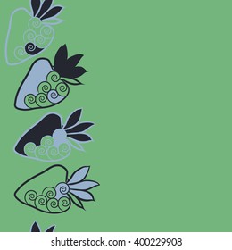 Vertical seamless  pattern of floral motif,strawberry, object,leaves, spirals,fruit, copy space. Hand drawn.