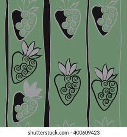 Vertical seamless  pattern of floral motif,strawberry, object,leaves, spirals,fruit, stripes,spots. Hand drawn.