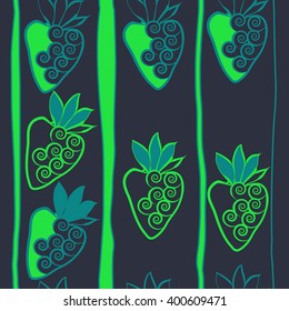 Vertical seamless  pattern of floral motif,strawberry, object,leaves, spirals,fruit, stripes,spots. Hand drawn.