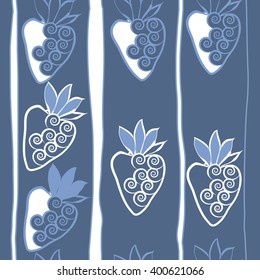 Vertical seamless  pattern of floral motif,strawberry, object,leaves, spirals,fruit, stripes,spots. Hand drawn.