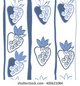 Vertical seamless  pattern of floral motif,strawberry, object,leaves, spirals,fruit, stripes,spots. Hand drawn.