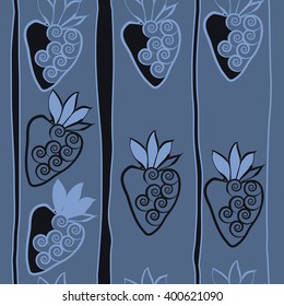 Vertical seamless  pattern of floral motif,strawberry, object,leaves, spirals,fruit, stripes,spots. Hand drawn.