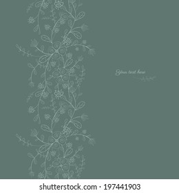 Vertical seamless pattern of flowers, leaves and branches. Cute monochrome floral background