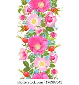Vertical seamless pattern with flowers and rose hips and forget-me-not.
