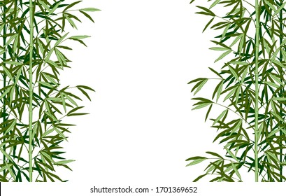 Vertical seamless pattern frame and background of green bamboo stem with leaves. Vintage color engraving stylized drawing. Vector illustration