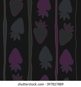 Vertical seamless  pattern of fruit motif,strawberry,leaves, object,stripes, spots. Hand drawn.