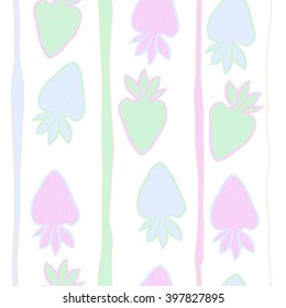 Vertical seamless  pattern of fruit motif,strawberry,leaves, object,stripes, spots. Hand drawn.