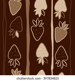 Vertical seamless  pattern of fruit motif,strawberry,leaves, object,stripes, spots. Hand drawn.