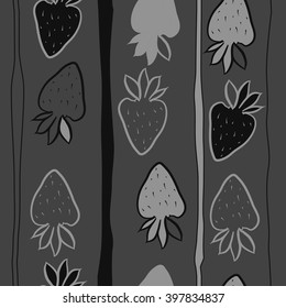 Vertical seamless  pattern of fruit motif,strawberry,leaves, object,stripes, spots. Hand drawn.