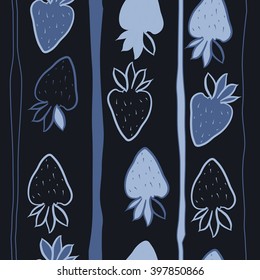 Vertical seamless  pattern of fruit motif,strawberry,leaves, object,stripes, spots. Hand drawn.