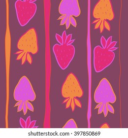 Vertical seamless  pattern of fruit motif,strawberry,leaves, object,stripes, spots. Hand drawn.