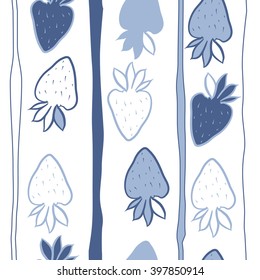 Vertical seamless  pattern of fruit motif,strawberry,leaves, object,stripes, spots. Hand drawn.