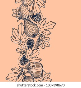 vertikale nahtlose Muster von Feigen mit Blättern, für dekorative Ornamente, Rahmen & Rahmen, Vektorgrafik mit blauen Linien auf Farbhintergrund im handgezeichneten & doodle-Stil