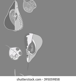 Vertical seamless pattern of fruits motif, pears, leaves, spirals, hole, spots, copy space . Hand drawn.