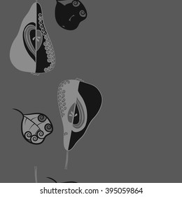 Vertical seamless pattern of fruits motif, pears, leaves, spirals, hole, spots, copy space . Hand drawn.