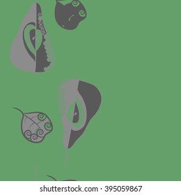 Vertical seamless pattern of fruits motif, pears, leaves, spirals, hole, spots, copy space . Hand drawn.