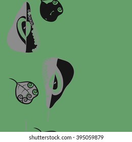 Vertical seamless pattern of fruits motif, pears, leaves, spirals, hole, spots, copy space . Hand drawn.