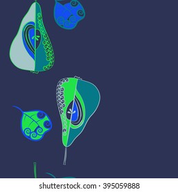 Vertical seamless pattern of fruits motif, pears, leaves, spirals, hole, spots, copy space . Hand drawn.