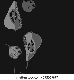 Vertical seamless pattern of fruits motif, pears, leaves, spirals, hole, spots, copy space . Hand drawn.