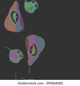 Vertical seamless pattern of fruits motif, pears, leaves, spirals, hole, spots, copy space . Hand drawn.