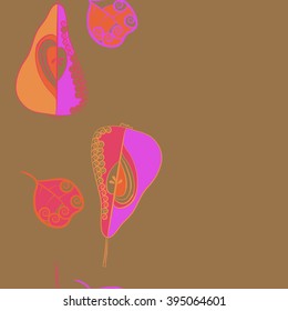 Vertical seamless pattern of fruits motif, pears, leaves, spirals, hole, spots, copy space . Hand drawn.