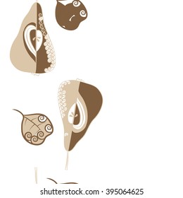 Vertical seamless pattern of fruits motif, pears, leaves, spirals, hole, spots, copy space . Hand drawn.