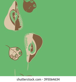 Vertical seamless pattern of fruits motif, pears, leaves, spirals, hole, spots, copy space . Hand drawn.