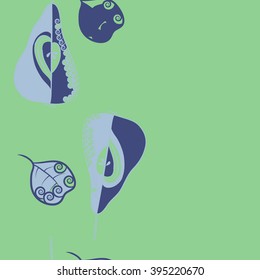 Vertical seamless pattern of fruits motif, pears, leaves, spirals, hole, spots, copy space . Hand drawn.