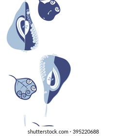 Vertical seamless pattern of fruits motif, pears, leaves, spirals, hole, spots, copy space . Hand drawn.