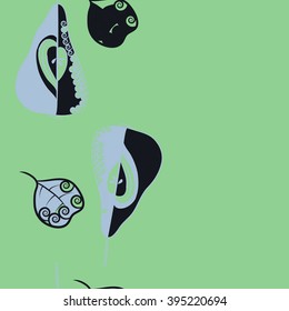 Vertical seamless pattern of fruits motif, pears, leaves, spirals, hole, spots, copy space . Hand drawn.